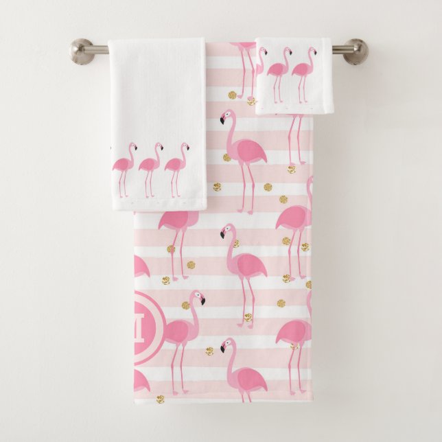 Tropisch rosa Flamingo Stripe Monogram Badhandtuch Set (Insitu)