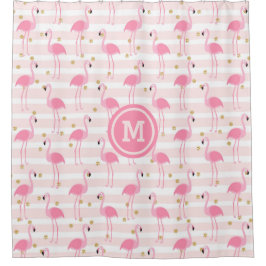 Tropisch rosa Flamingo Stripe Monogram Duschvorhang
