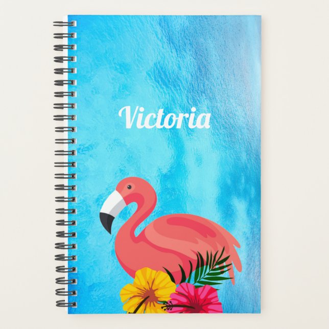 Tropisch rosa Flamingo und Blume | Monogramm Planer (Vorderseite)
