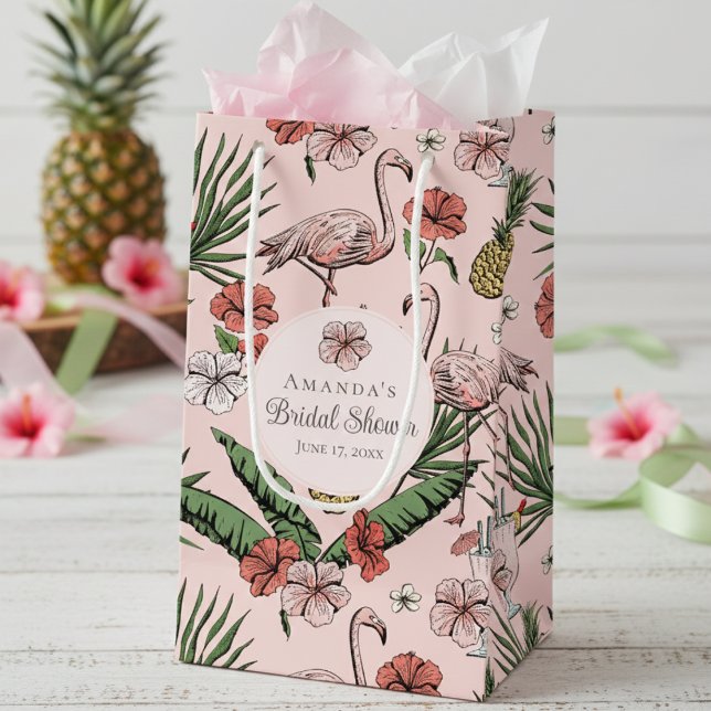 Tropisch rosa Flamingo und Hibiskus Brautparty Kleine Geschenktüte (Chic Pink Tropical Floral Pink Flamingo, Hibiscus Flowers & Banana Leaves Bridal Shower Gift Bags)