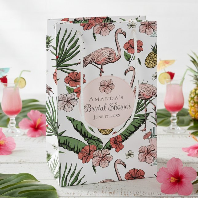 Tropisch rosa Flamingo und Hibiskus Brautparty Kleine Geschenktüte (Chic White Tropical Floral Pink Flamingo, Hibiscus Flowers & Banana Leaves Bridal Shower Gift Bags)