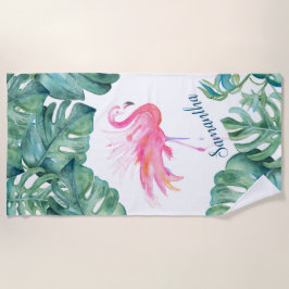 Tropisch rosa Flamingo und Palm Blätter Strandtuch