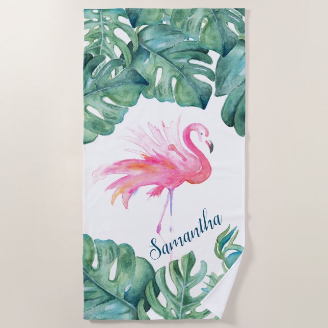 Tropisch rosa Flamingo und Palm Blätter Strandtuch (Vorderseite)