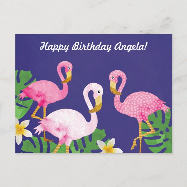 Tropisch rosa Flamingos auf Lila Postkarte (Vorderseite)