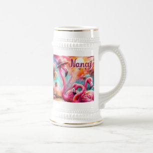 Tropisch rosa Flamingos Palmen Bäume Personalisier Bierglas