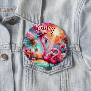 Tropisch rosa Flamingos Palmen Bäume Personalisier Button