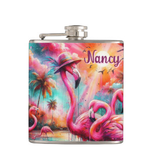 Tropisch rosa Flamingos Palmen Bäume Personalisier Flachmann