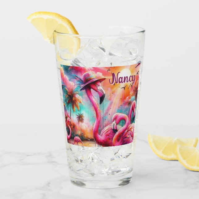 Tropisch rosa Flamingos Palmen Bäume Personalisier Glas (Vorderseite Ice)