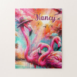 Tropisch rosa Flamingos Palmen Bäume Personalisier Puzzle
