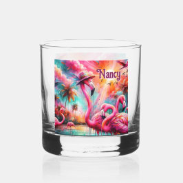 Tropisch rosa Flamingos Palmen Bäume Personalisier Whiskyglas