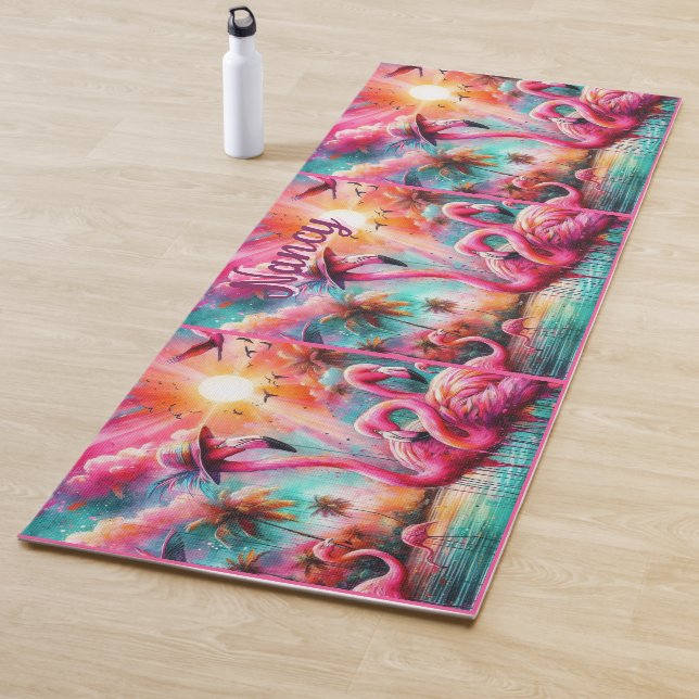Tropisch rosa Flamingos Palmen Bäume Personalisier Yogamatte (Beispiel)