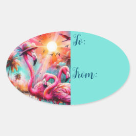 Tropisch rosa Flamingos Palmen Bäume Sonnenunterga Ovaler Aufkleber
