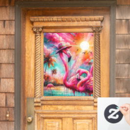 Tropisch rosa Flamingos Palmen Bäume Sonnenwasser Fensteraufkleber
