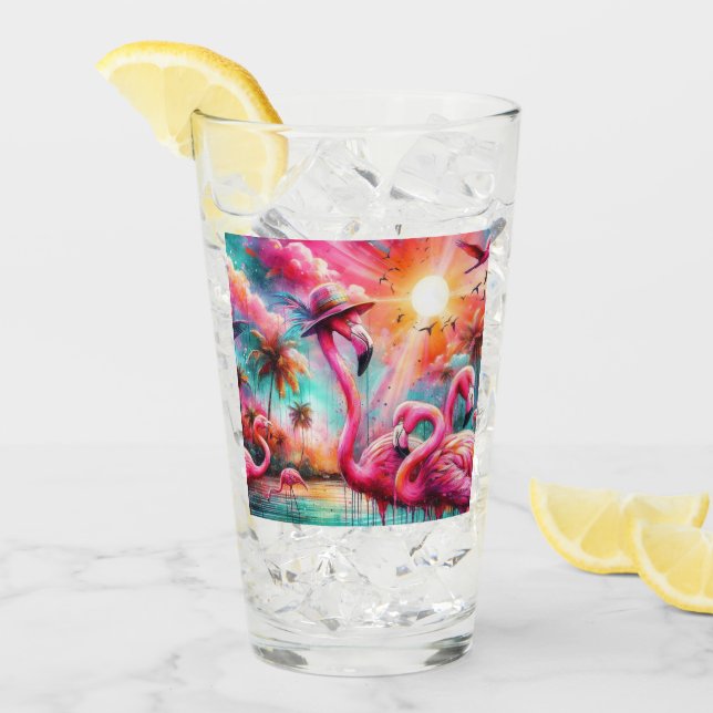 Tropisch rosa Flamingos Palmen Bäume Sonnenwasser  Glas (Vorderseite Ice)