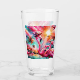 Tropisch rosa Flamingos Palmen Bäume Sonnenwasser Glas