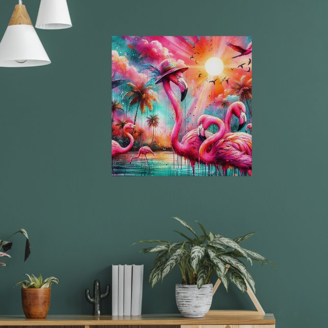 Tropisch rosa Flamingos Palmen Bäume Sonnenwasser  Poster (Wohnzimmer 1)