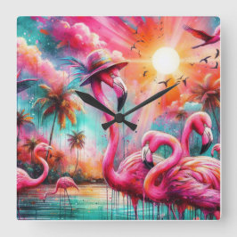 Tropisch rosa Flamingos Palmen Bäume Sonnenwasser Quadratische Wanduhr