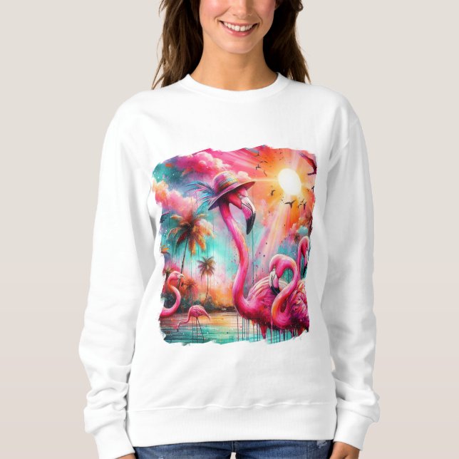 Tropisch rosa Flamingos Palmen Bäume Sonnenwasser  Sweatshirt (Vorderseite)