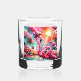Tropisch rosa Flamingos Palmen Bäume Sonnenwasser Whiskyglas