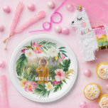 Tropisch-rosa-gelbe Flamingo Stilvoll Pappteller<br><div class="desc">Helles tropisches Blattwerk Foto Geburtstagsfeier Teller. Ein modernes,  helles Aquarelldesign. Tropische Blumen,  Früchte und Flamingos. Teil einer hellen,  tropischen Sammlung.</div>