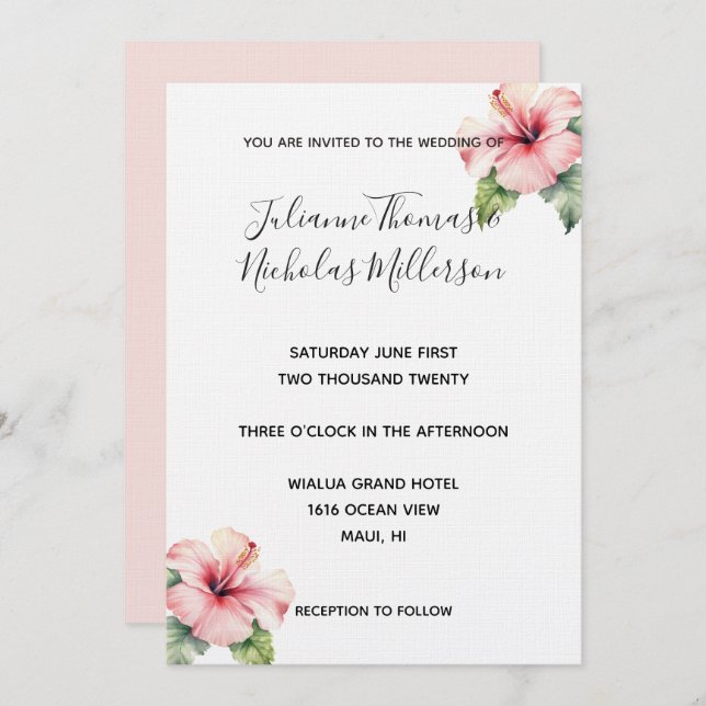 Tropisch-rosa-Hibiskus-Blumenhochzeit Einladung (Vorne/Hinten)