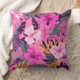 Tropisch-rosa Hibiskus - Blumenmuster mit Blätter Kissen