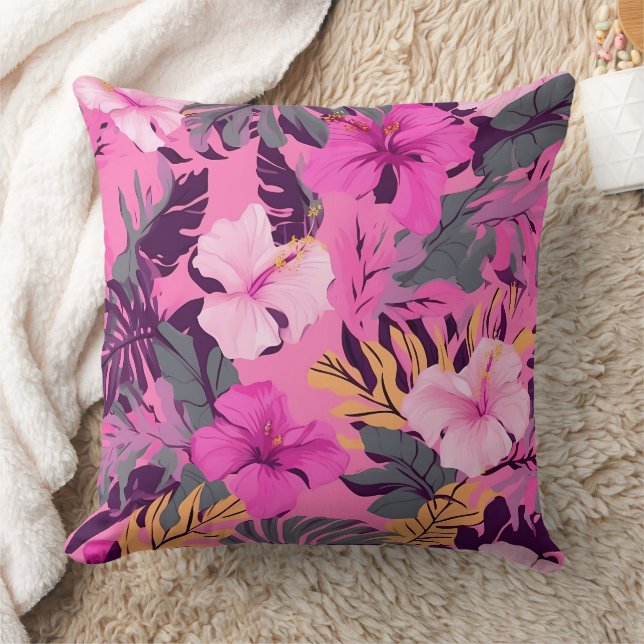 Tropisch-rosa Hibiskus - Blumenmuster mit Blätter Kissen (Decke)