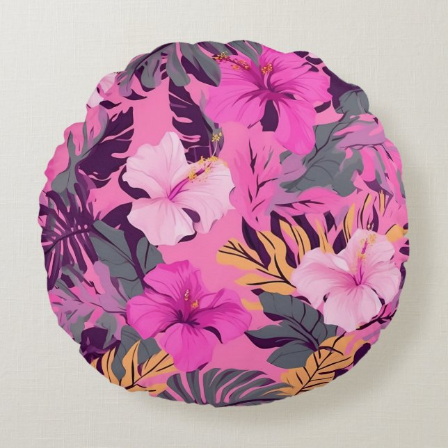 Tropisch-rosa Hibiskus - Blumenmuster mit Blätter Rundes Kissen (Vorderseite)