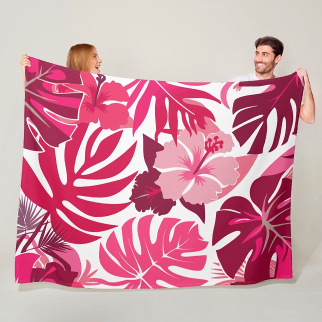 Tropisch rosa Hibiskus und Monstera Blätter Muster Fleecedecke (Beispiel)