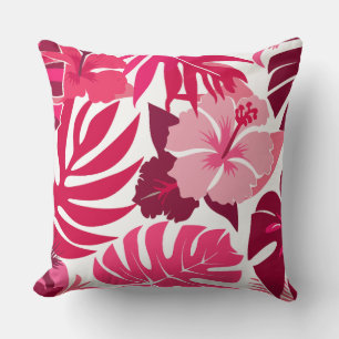 Tropisch rosa Hibiskus und Monstera Blätter Muster Kissen