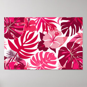 Tropisch rosa Hibiskus und Monstera Blätter Muster Poster