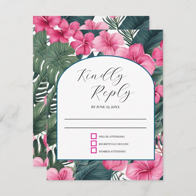 Tropisch-rosa Hochzeit RSVP Karte (Vorne/Hinten)