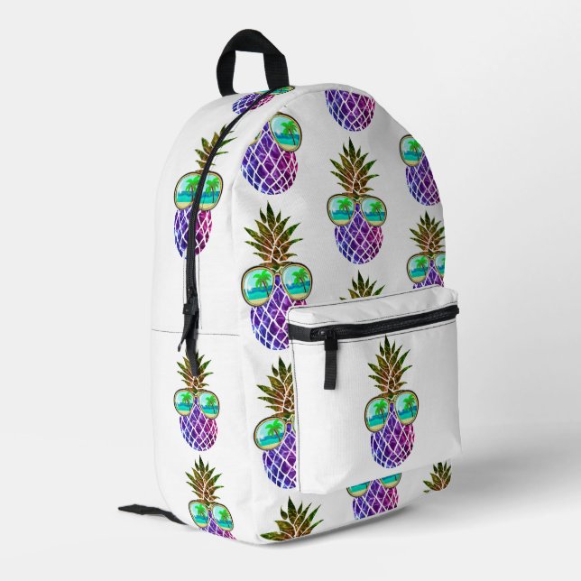Tropisch rosa lila Ananas Bedruckter Rucksack (Rückseitige Ecke links)