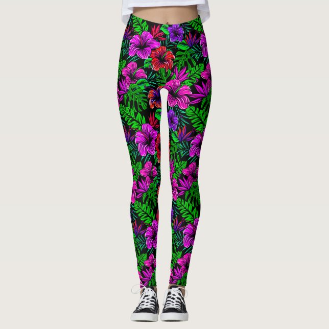 Tropisch rosa Lila Hibiskus Blume Leggings (Vorderseite)