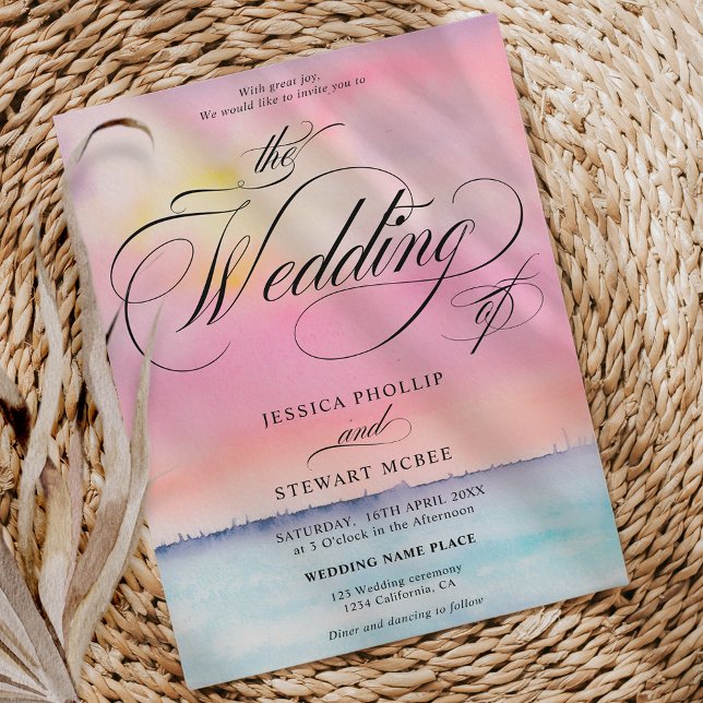 Tropisch-rosa Sonnenuntergang Kalligrafie Hochzeit Einladung (Tropical pink beach sunset calligraphy wedding invitation)