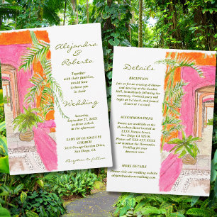 Tropisch-rosa Wände und Palm Courtyard Art Wedding Einladung