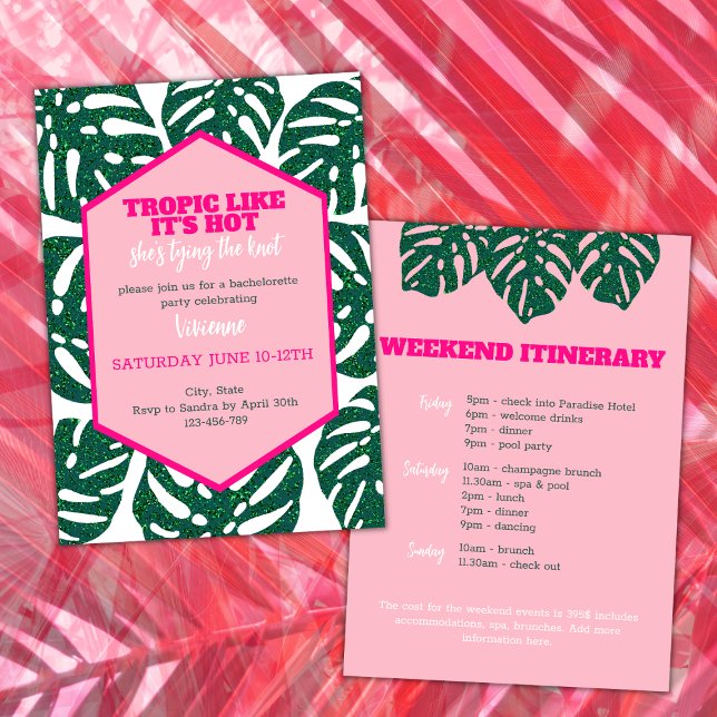 Tropisch rosa Zielort Bachelorette Wochenende Einladung (tropical bachelorette weekend itinerary tropic like its' hot she's tying the knot pink glitter monst)