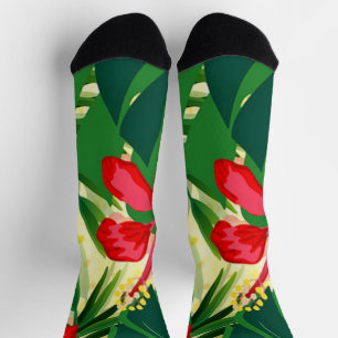 Tropisch rote Blume und Blätter drucken Socken
