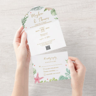 Tropisch thematisierte Strandhochzeit mit QR-Code- All In One Einladung