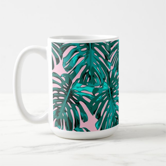 Tropisch Türkis Rosa Monstera Jungle Blätter Kaffeetasse (Links)
