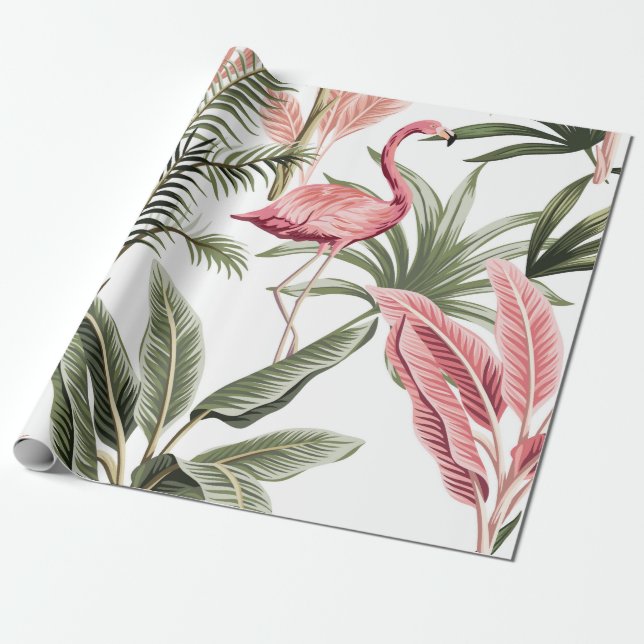 Tropisch Vintag rosa Flamingo, Bananenbäume und  Geschenkpapier (Ungerollt)