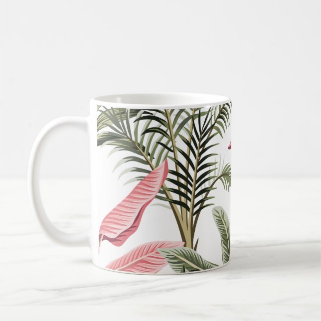 Tropisch Vintag rosa Flamingo, Bananenbäume und  Kaffeetasse (Links)