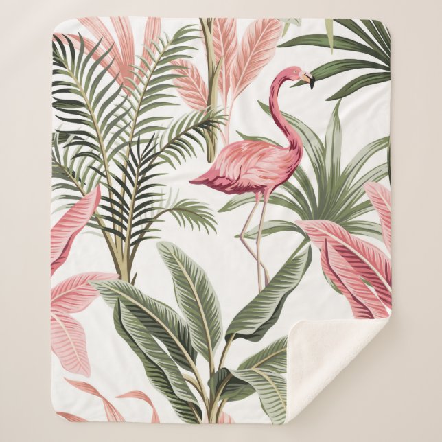 Tropisch Vintag rosa Flamingo, Bananenbäume und  Sherpadecke (Vorderseite)