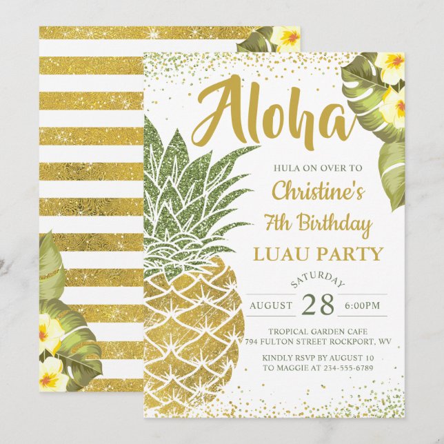 Tropische Aloha Grüne Ananas Geburtstag Einladung (Vorne/Hinten)