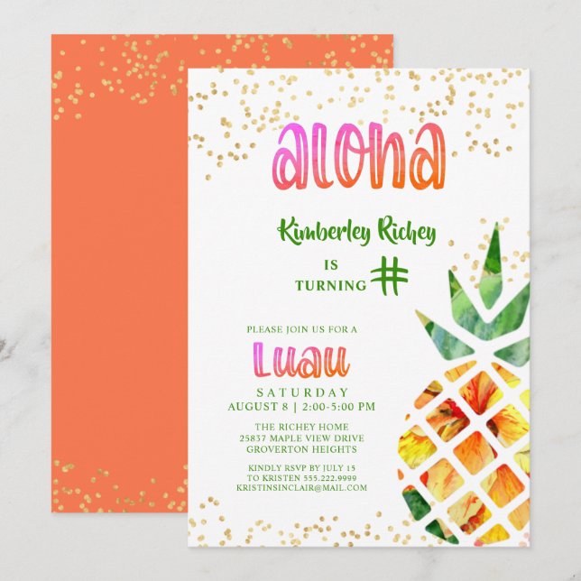 Tropische Ananas Aloha JEDES ALTER Geburtstag Luau Einladung (Vorne/Hinten)