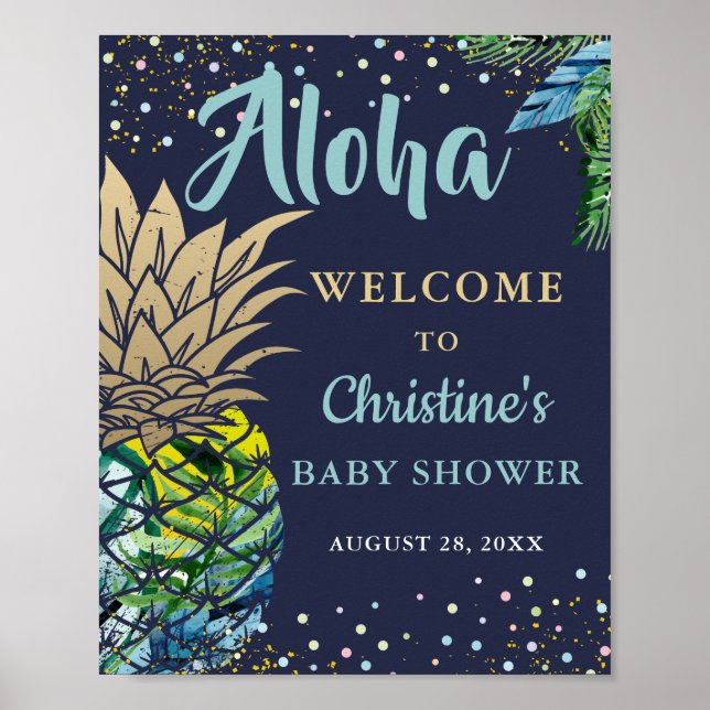 Tropische Ananas Beach Navy Blue Baby Dusche Poster (Vorne)