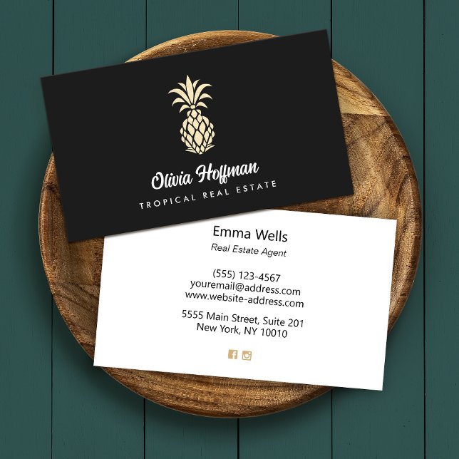 Tropische Ananas Black and Gold Business Card Visitenkarte (Von Creator hochgeladen)