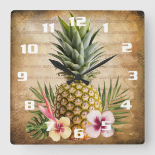 Tropische Ananas Französische Kalligrafie stilvoll Quadratische Wanduhr