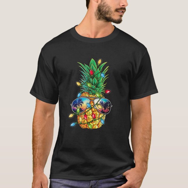 Tropische Ananas Frohe Weihnachtsleuchten Baum Mer T-Shirt (Vorderseite)