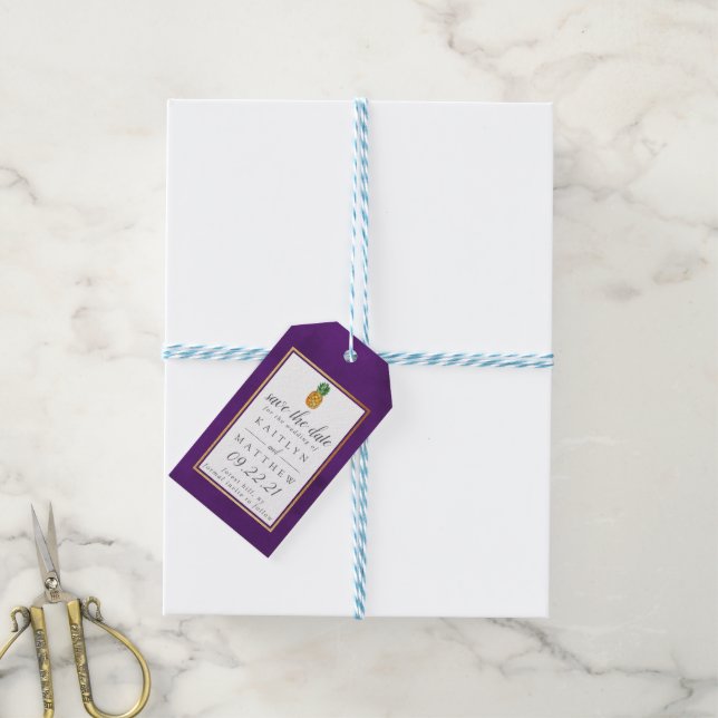 Tropische Ananas Hochzeit speichern das Datum Gesc Geschenkanhänger (Mit Garn)